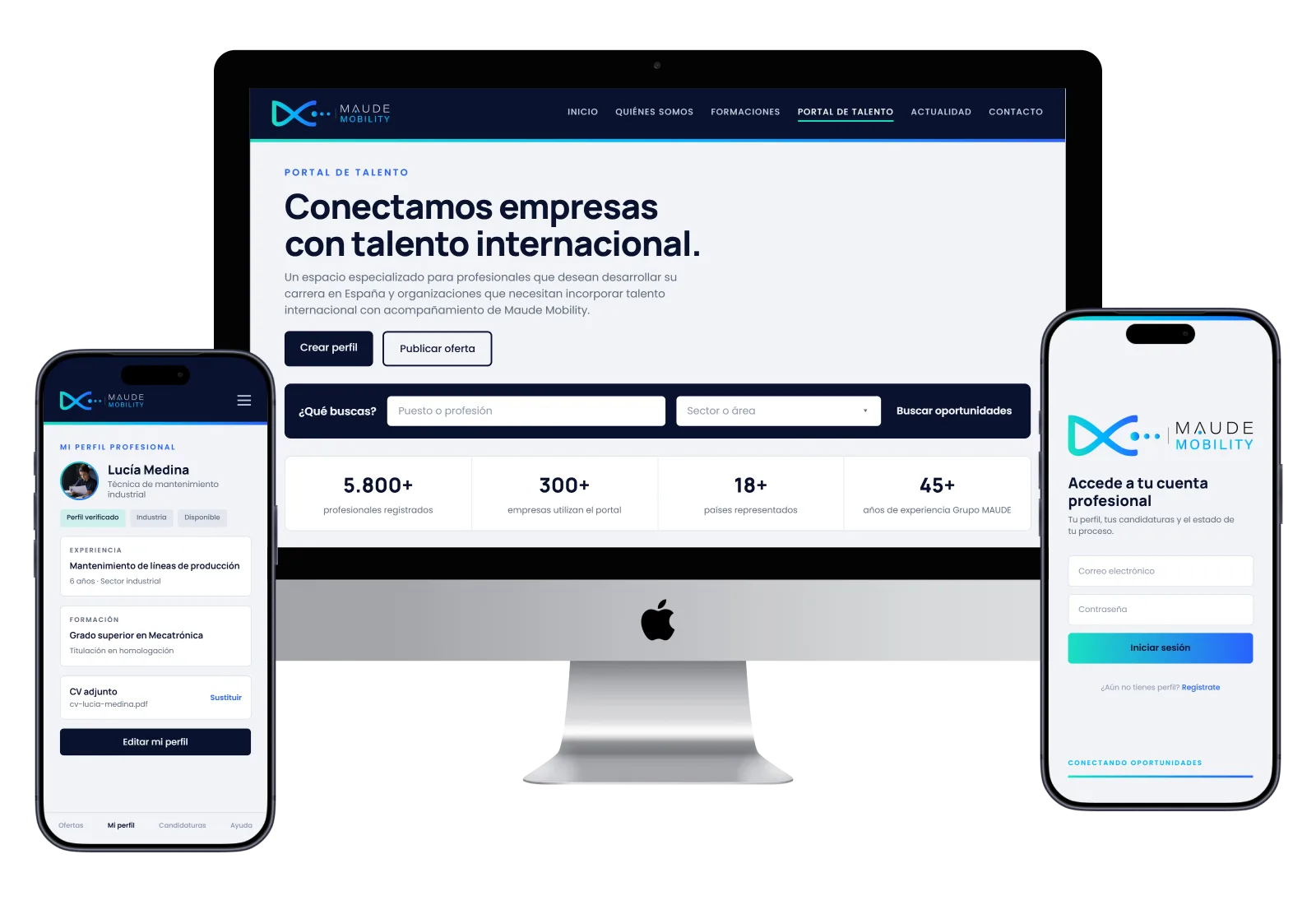 El Portal de Talento en un ordenador, un móvil con el perfil profesional y otro con la pantalla de acceso