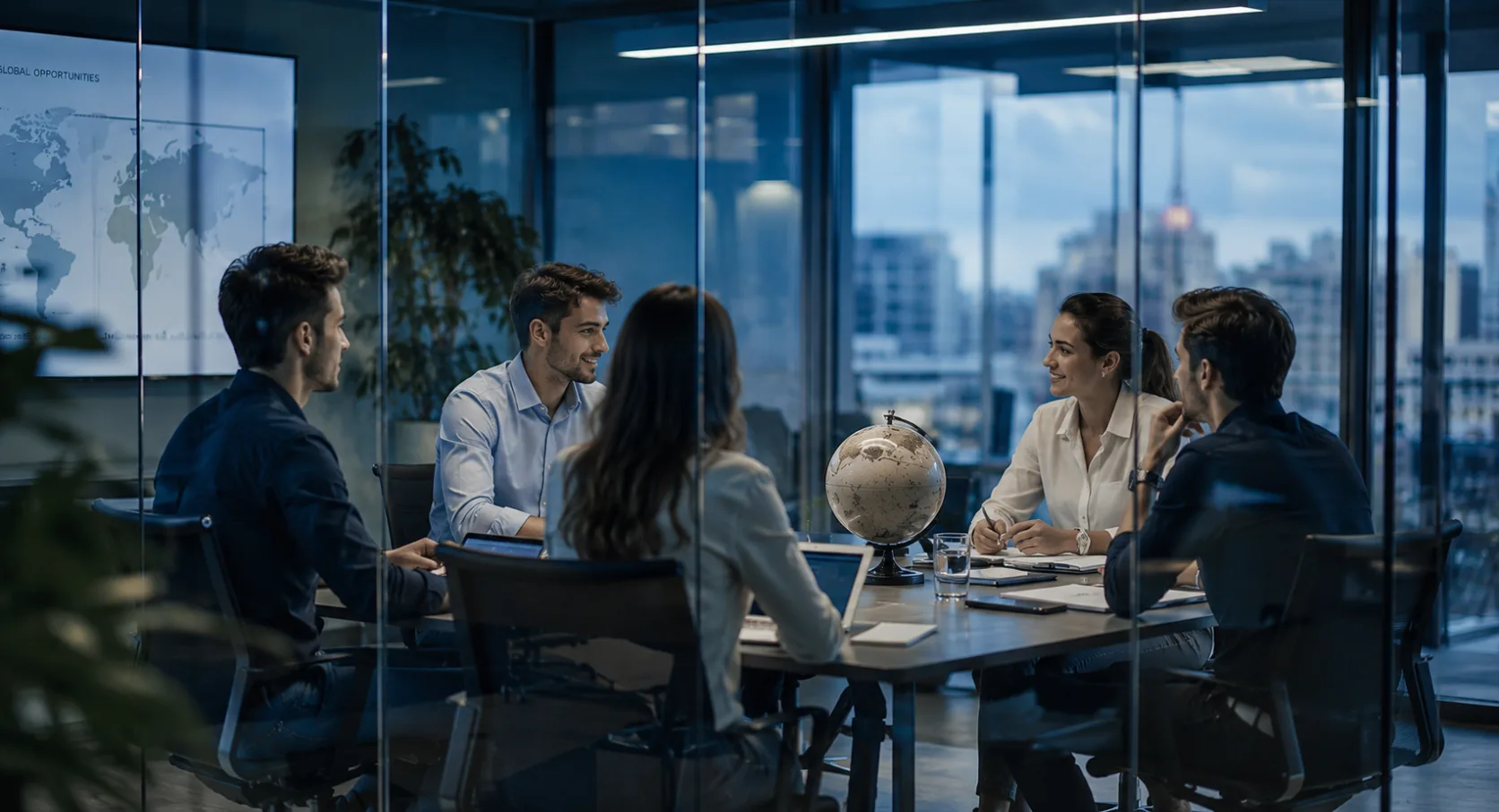 Reunión del equipo de Maude Mobility en una sala con vistas a la ciudad